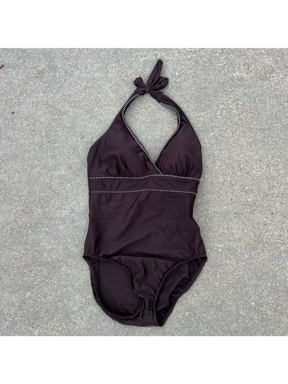 Miraclesuit halter padded cup slimming chocolate brown piping trim swimsuit 10D